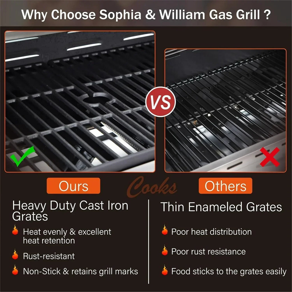 Burner Gas grill with side burner and enameled cast iron grille 42,000BTU outdoor cooking stainless steel propane grill Garden grill, silver