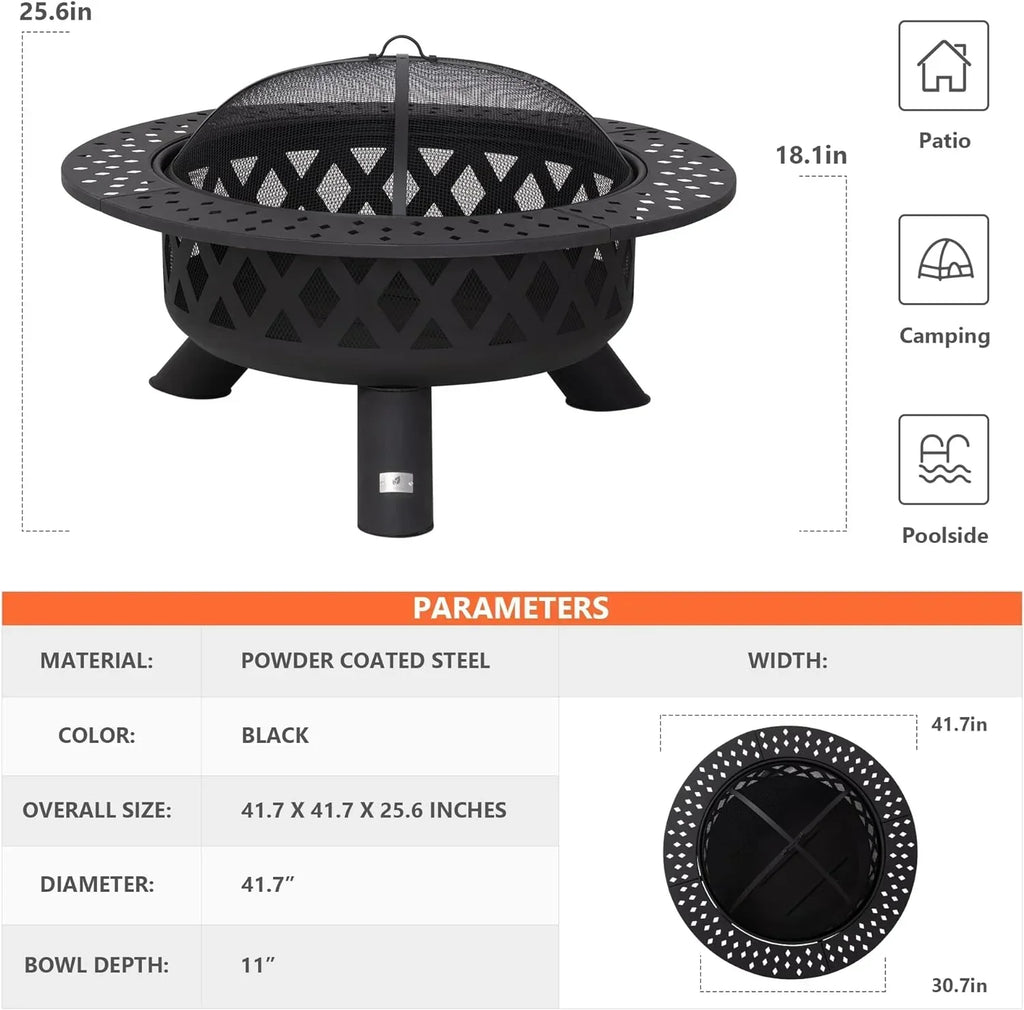 SUNCREAT 42” Patio Fire Pit Wood Burning with Mesh Spark Screen, Bonfire Outdoor firepit with Fireplace Poker, Black