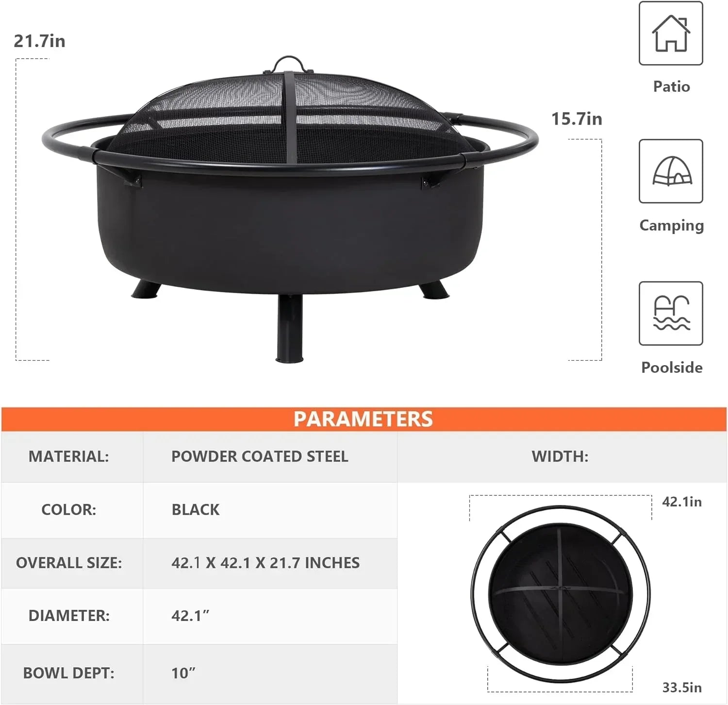 SUNCREAT 42” Patio Fire Pit Wood Burning with Mesh Spark Screen, Bonfire Outdoor firepit with Fireplace Poker, Black