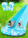 32.5FT Water Slide and 2 Inflatable Boards, Extra Long Double Lawn Heavy Duty Splash Mat Pad with Sprinkler for Kids Adults Backyard Summer Water Toy Outdoor Fun, Blue, Orange