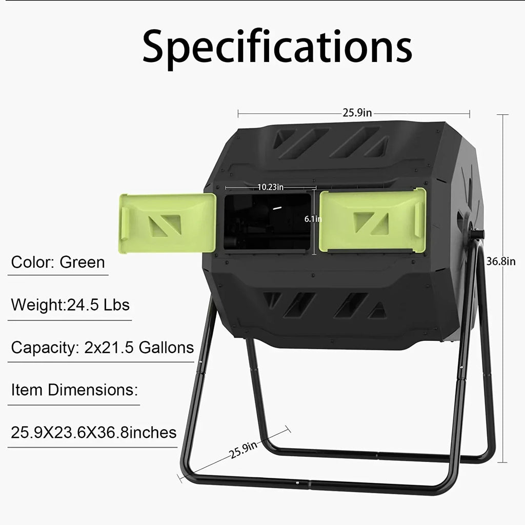 Large Compost Tumbler Bin Dual Compartment Better AirCirculation Efficient Compost BPA Free Sturdy Steel Frame 43Gallon (2 21.5Gal) Blue Door