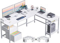 66” L Shaped Desk with Power Outlet, Reversible Computer Gaming Desk with File Drawer & 2 Monitor Stands for Home Office with Storage Shelves, Rustic Brown