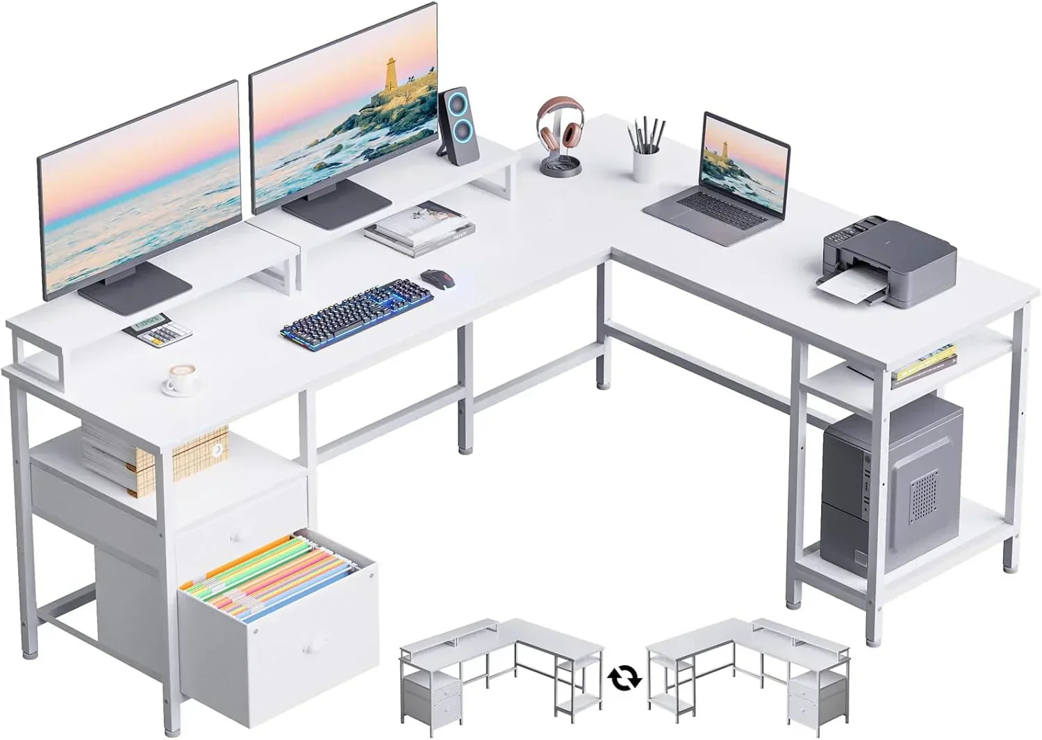 66” L Shaped Desk with Power Outlet, Reversible Computer Gaming Desk with File Drawer & 2 Monitor Stands for Home Office with Storage Shelves, Rustic Brown