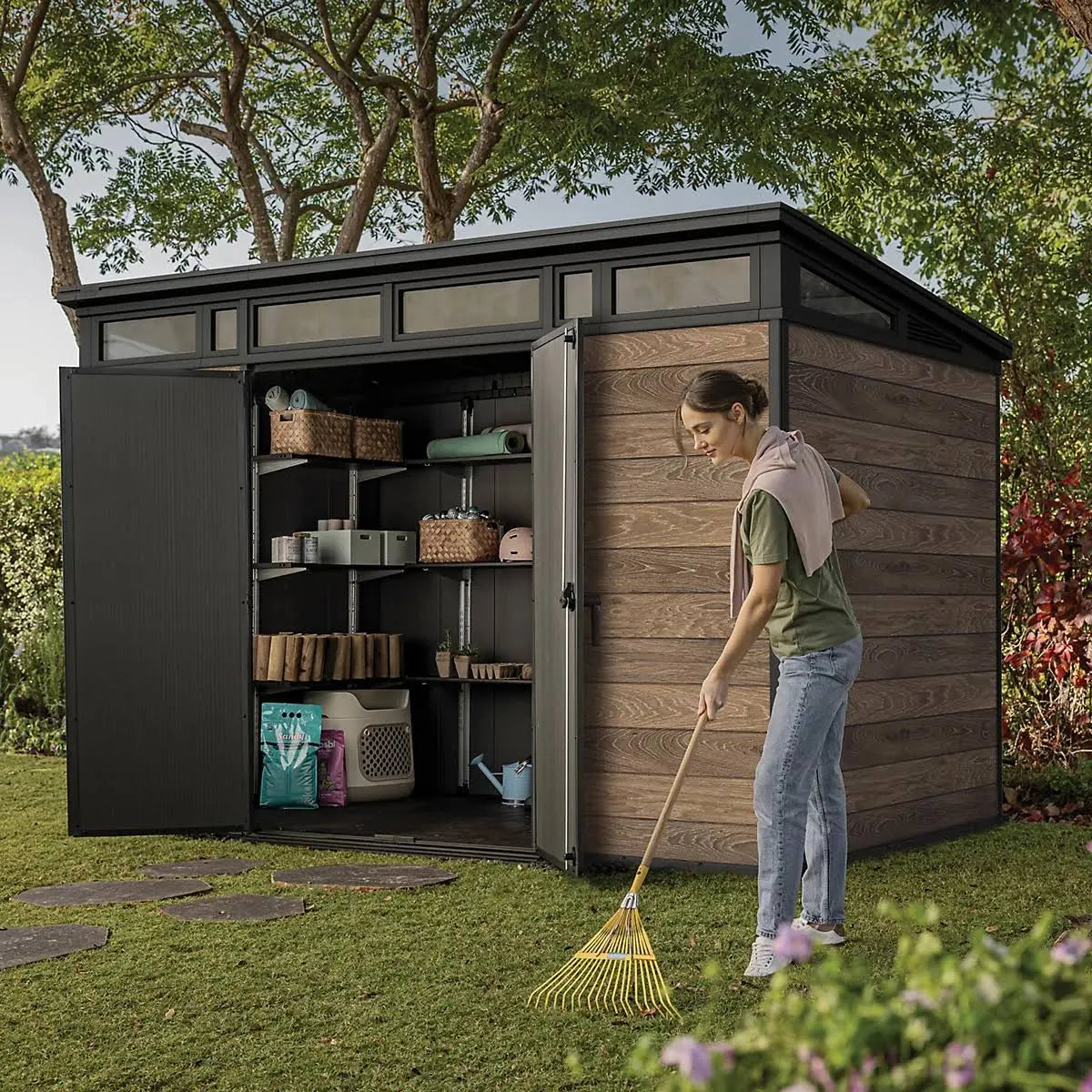 Keter Signature 7 x 11 ft Pent Walnut Plastic 2 Door Shed