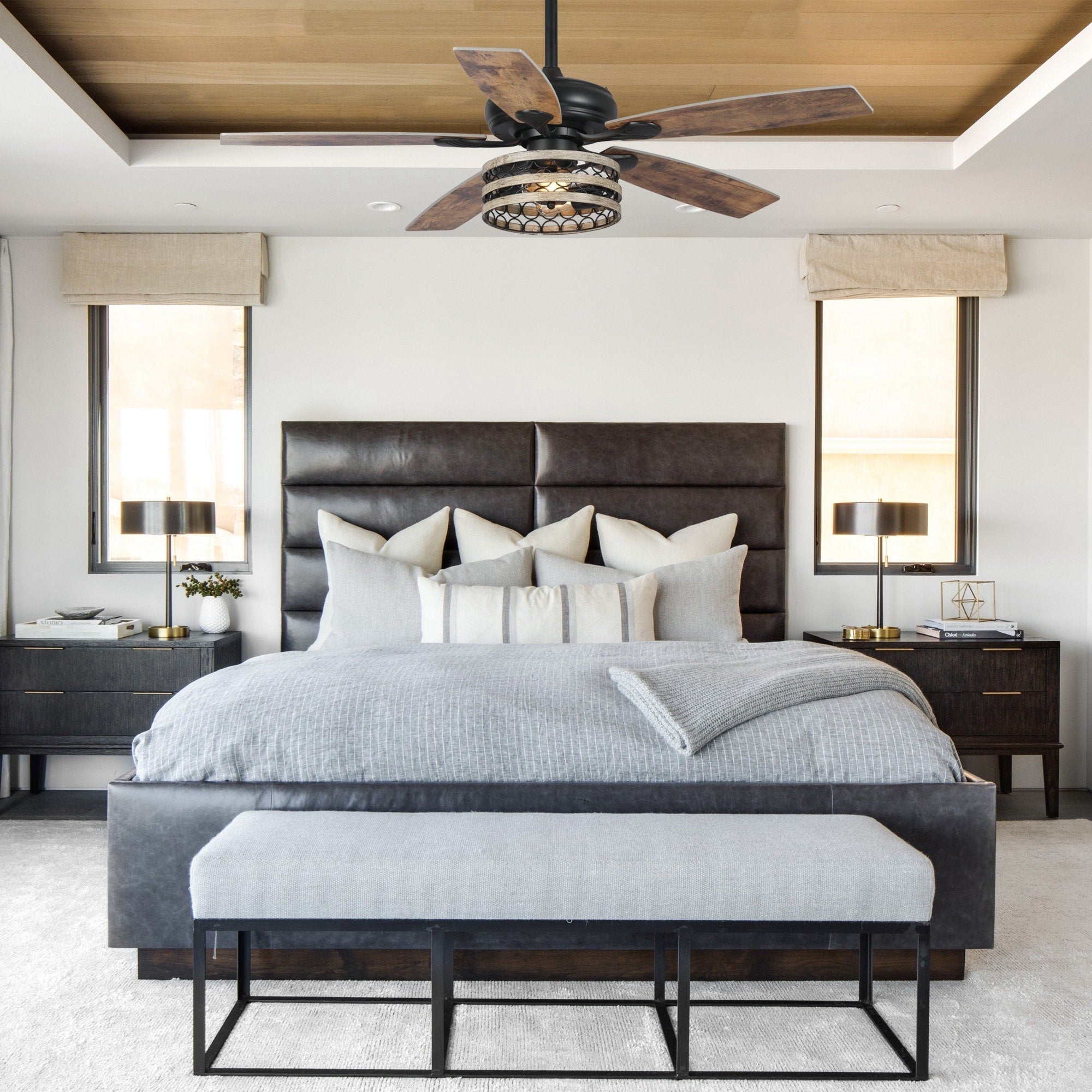52 Farmhouse Driftwood 5-Blade Black Caged Ceiling Fan with Remote