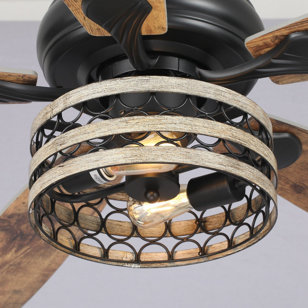 52 Farmhouse Driftwood 5-Blade Black Caged Ceiling Fan with Remote