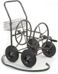 Residential Grade Four Wheel 250 Foot Capacity Steel Frame Water Hose Reel Cart with Basket for Backyard, Garden, or Home, Brown, Bronze