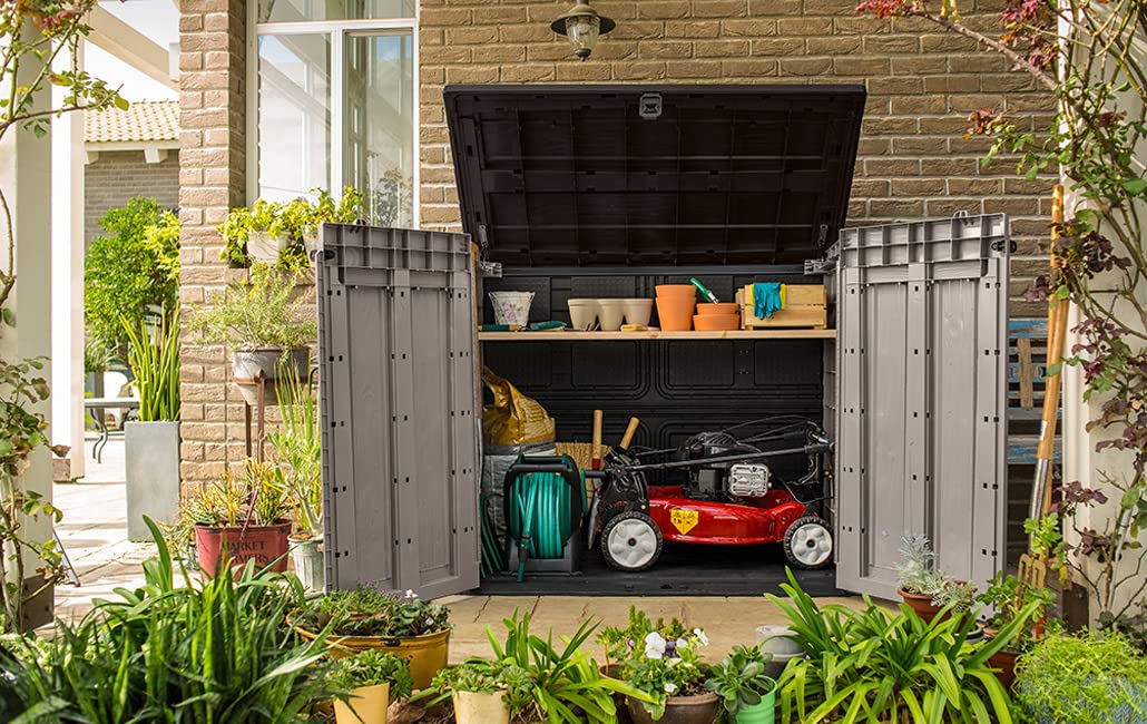 1200L Outdoor Garden Storage Shed with Piston Lid & Double Doors, Weather-Resistant Resin