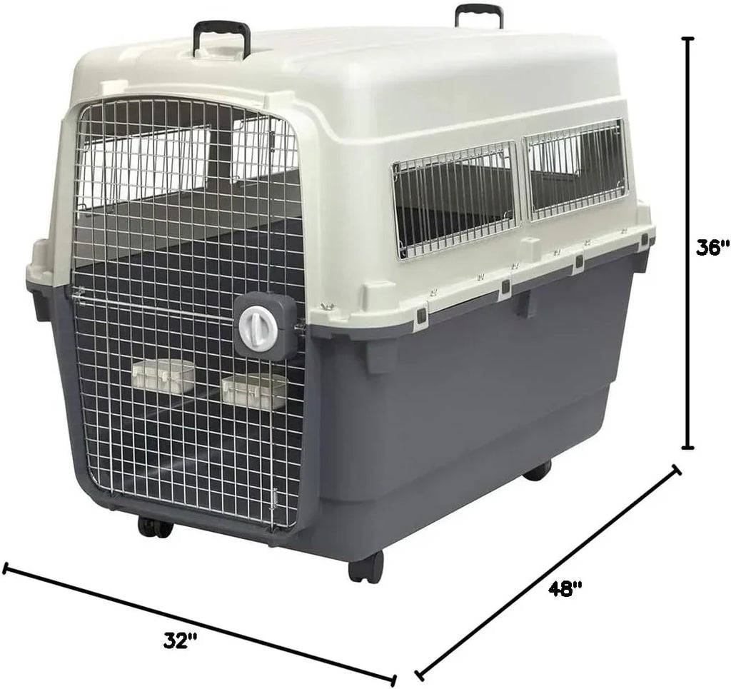 SportPet Designs Plastic Kennels Rolling Plastic Airline Approved Wire Door Travel Dog Crate, XXX-Large, Gray