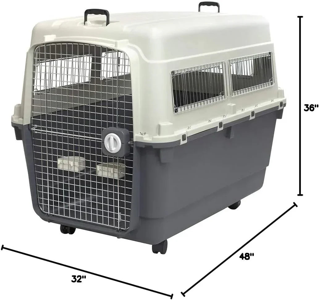 SportPet Designs Plastic Kennels Rolling Plastic Airline Approved Wire Door Travel Dog Crate, XXX-Large, Gray