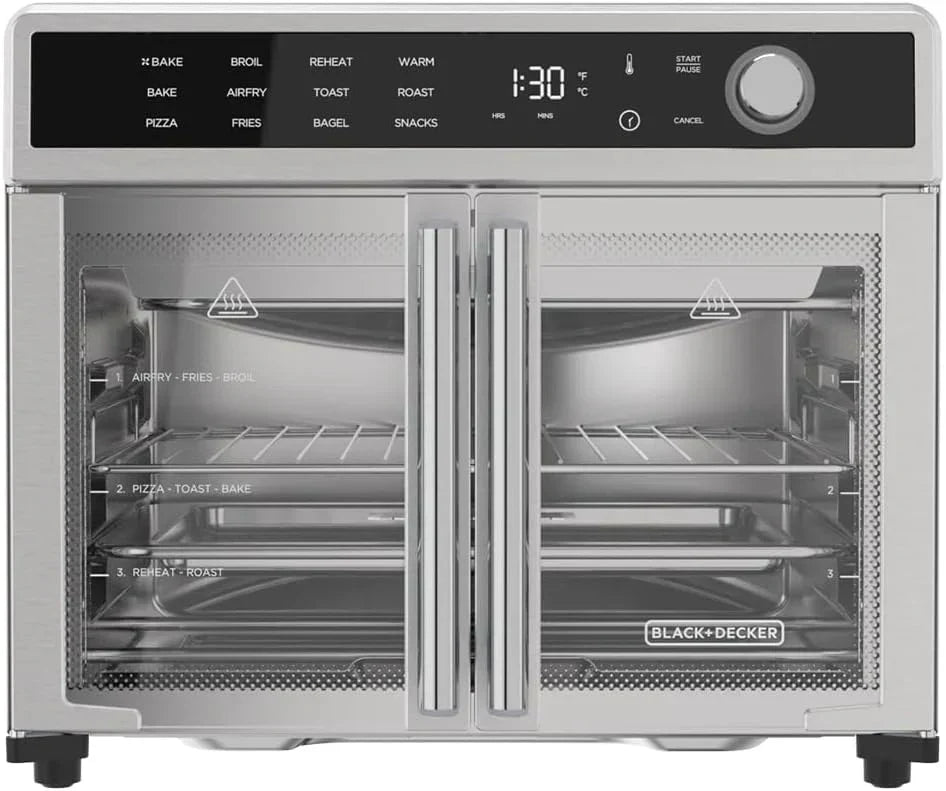 Air Fryer Toaster Oven Combo, 12 in 1 Countertop Convection Oven Cooks Food Fast, Fits a Whole Pizza or 6 Toast Slices, French Doors with Stainless Steel Finish.