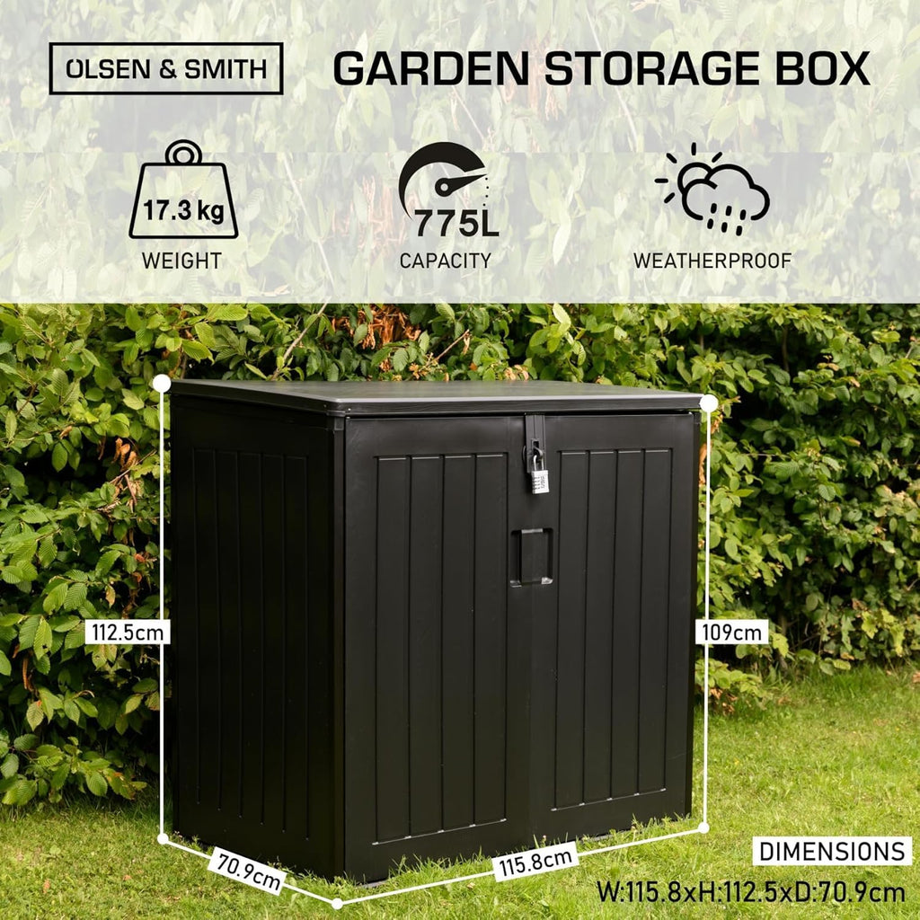 775L Waterproof Outdoor Garden Storage Box with Lid & Doors, Lockable Bin & Bike Shed