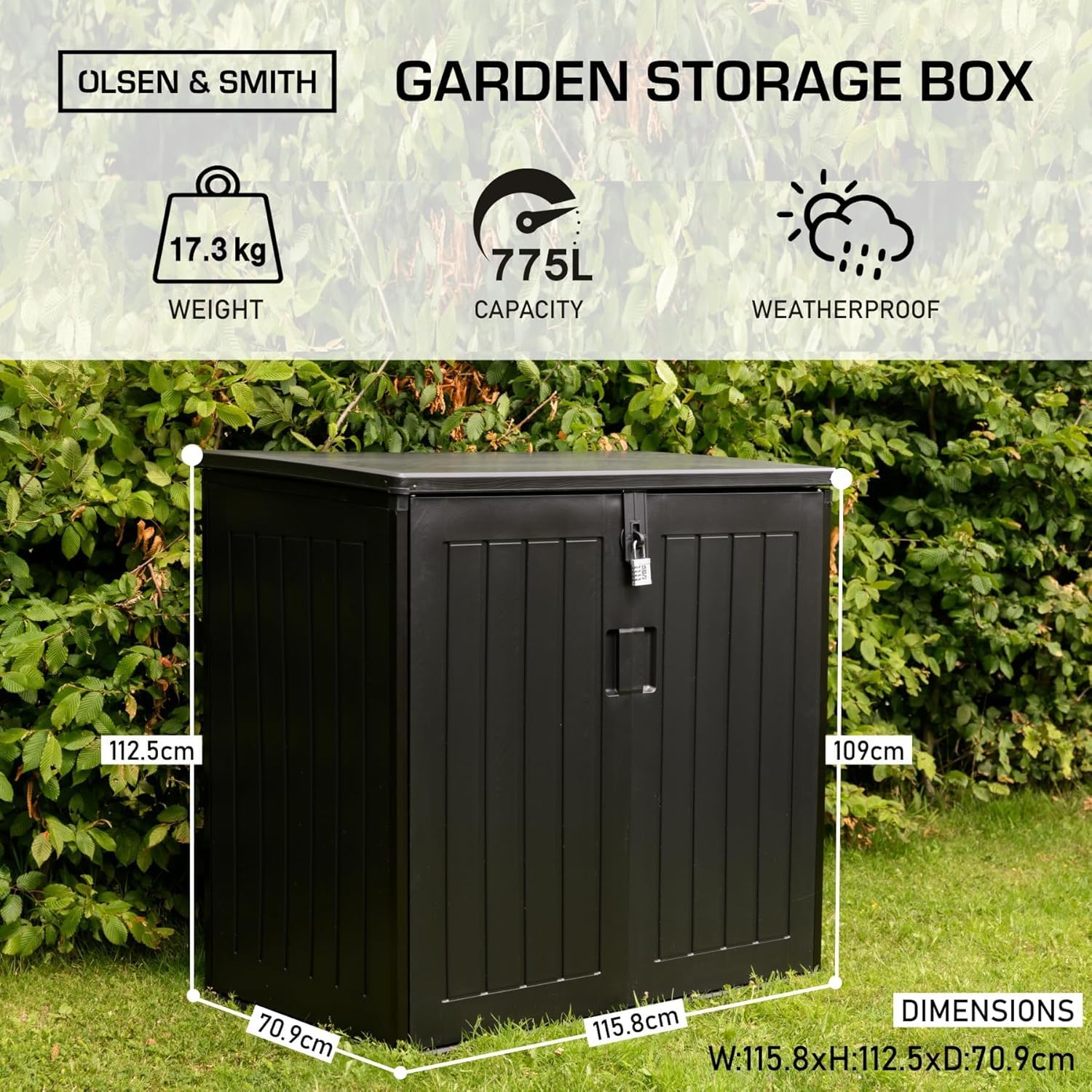 775L Waterproof Outdoor Garden Storage Box with Lid & Doors, Lockable Bin & Bike Shed