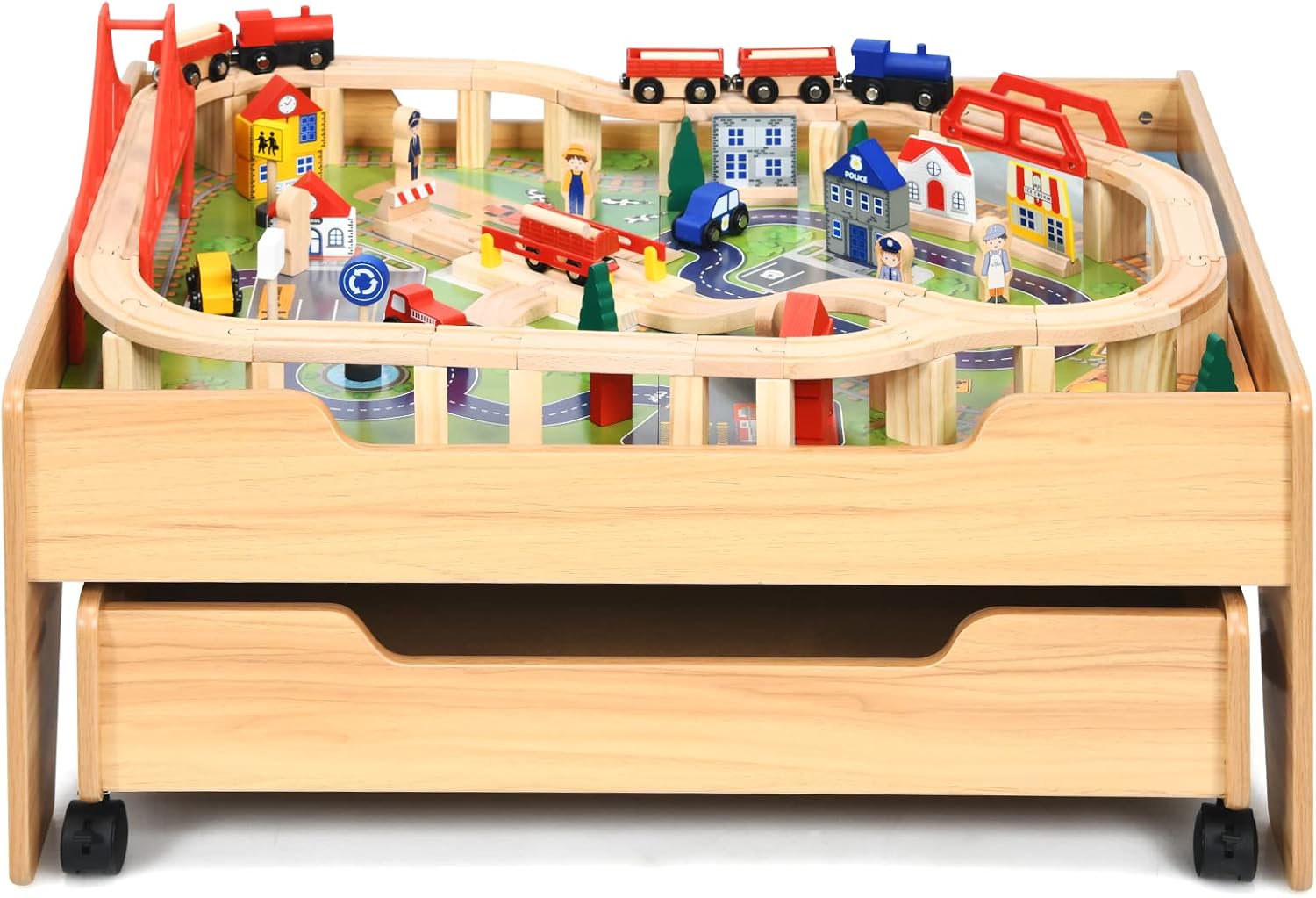 The dual-function wooden children's activity table with storage function, featuring 100 colorful components, tracks, trains, and cars, is a children's train table set suitable for children aged 3 and above. It has a flip-up tabletop and is a gift for