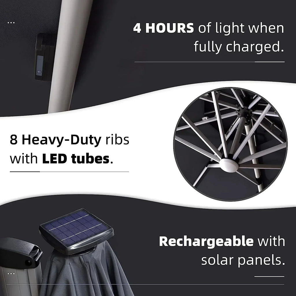 12ft Solar LED Patio Umbrella Outdoor Round Umbrella Large Cantilever Umbrella with LED Lights Windproof Bias Umbrella Heavy Duty Parasol for Garden Deck Pool Patio