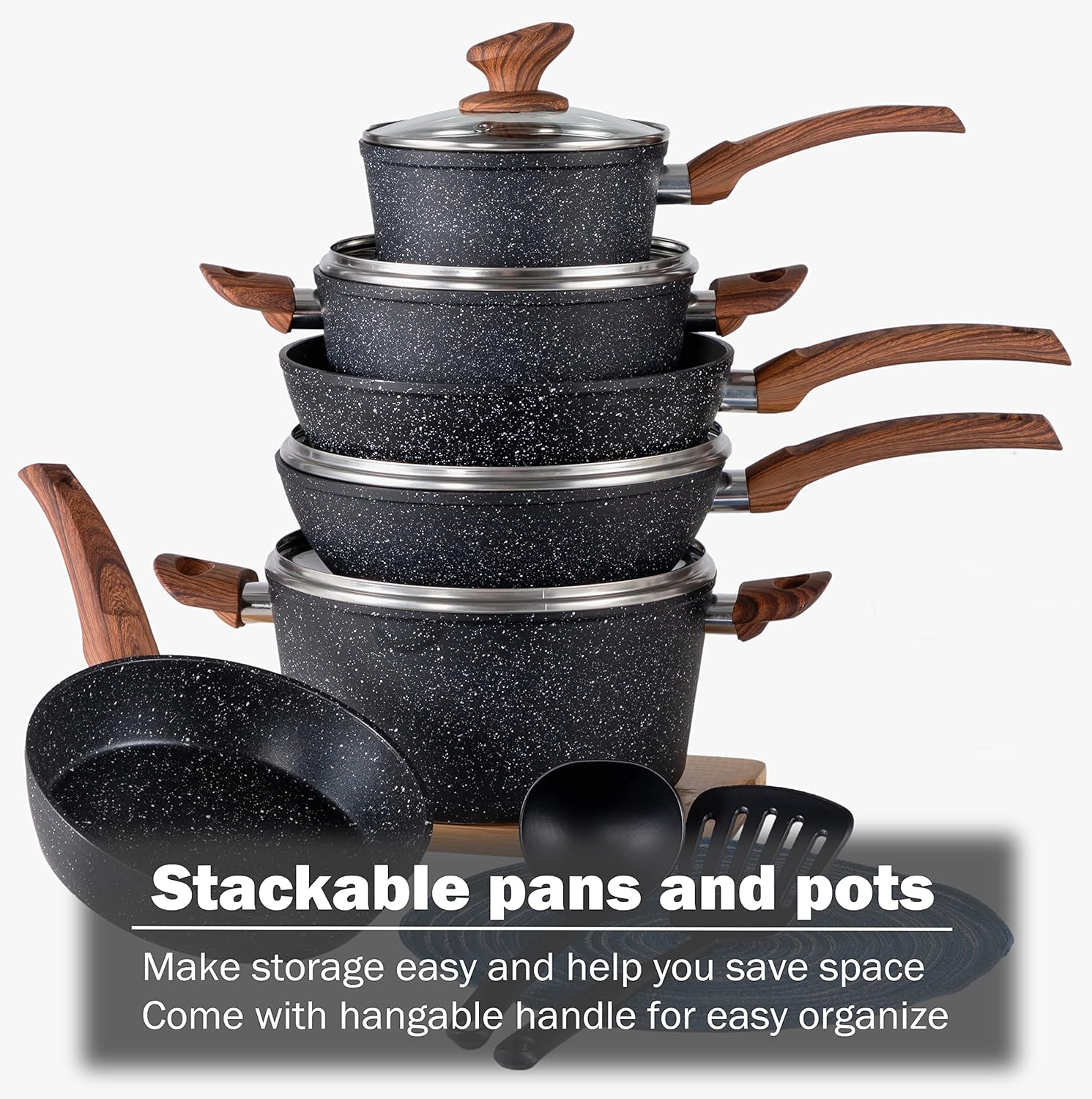 Kitchen Academy Induction Cookware Sets - 12 Piece Green Cooking Pan Set, Granite Nonstick Pots and Pans Set
