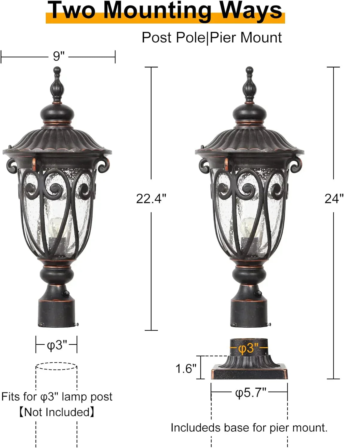 23" Large Outdoor Wall Light for Porch, 2 Pack Aluminium Exterior Wall Mount Lantern for House, Vintage Bronze Outside Wall Sconce with Clear Seeded Glass Shade for Garage