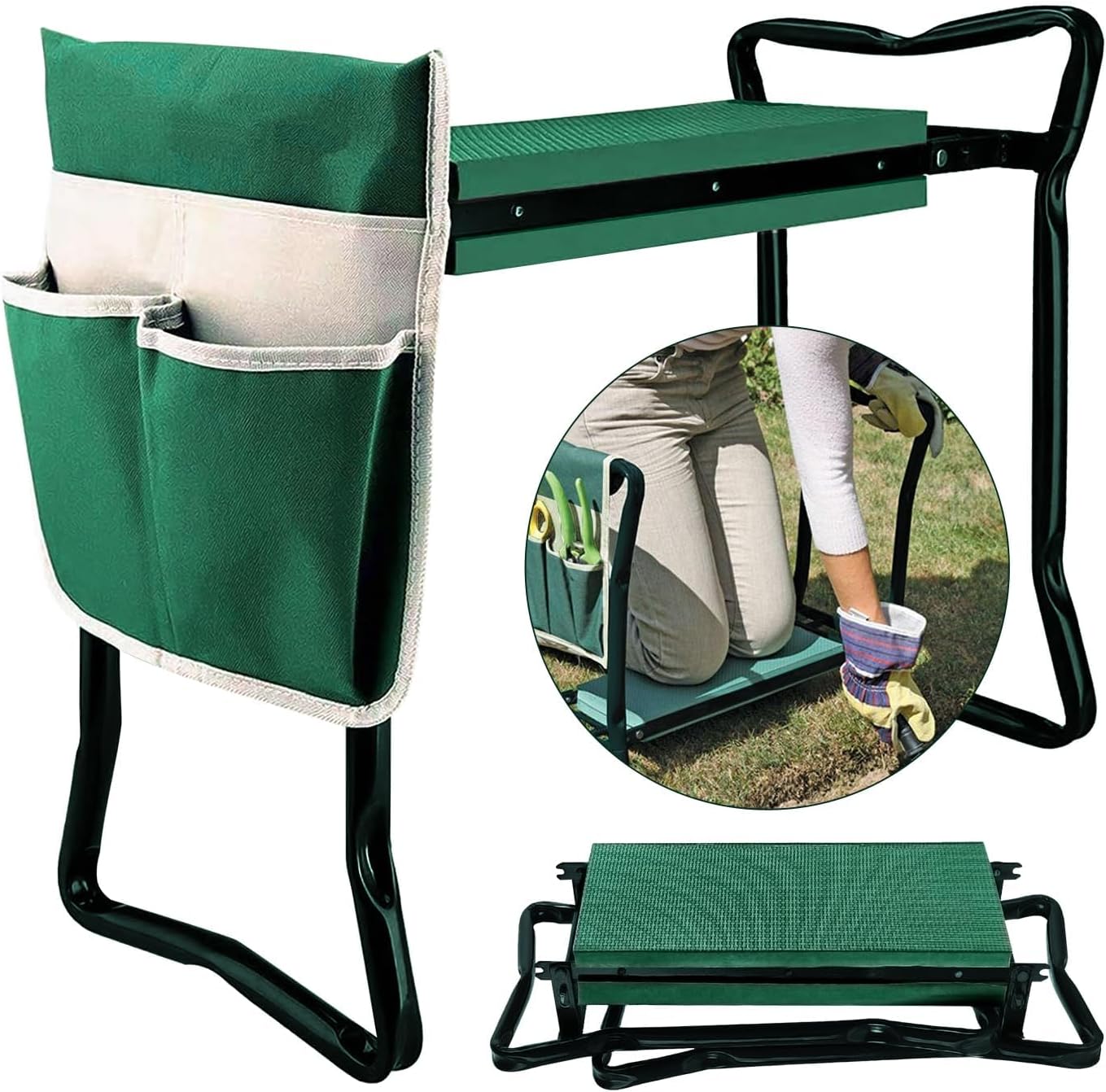 Garden Cart Outdoor Rolling Garden Workseat with Wheels, Heavy Duty Garden Tool Cart with Extendable Handle and Storage for Seniors Yard Gardening Work