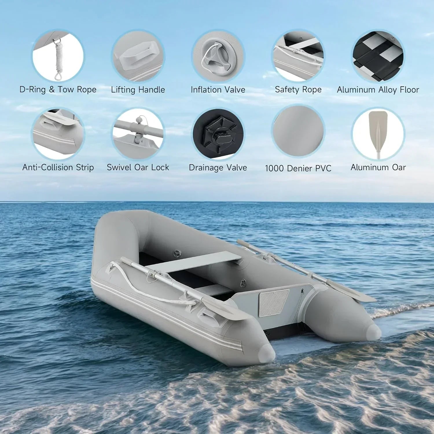7.5ft Inflatable Dinghy Boat, 2 Person 660lb Transom Sport Tender Boat with Pump Aluminum Oars Floor, Heavy Duty Inflatable Raft Kayak for Adults