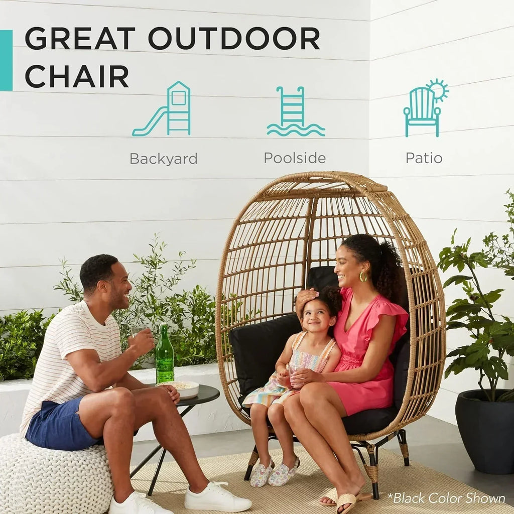 Ivory Wicker Egg Chair, Oversized Indoor Lounger, 440lb Capacity, Bohemian Style, Steel Frame, Cushions Included