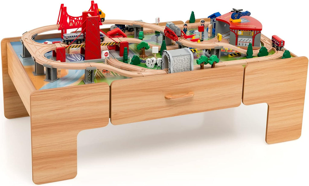 The dual-function wooden children's activity table with storage function, featuring 100 colorful components, tracks, trains, and cars, is a children's train table set suitable for children aged 3 and above. It has a flip-up tabletop and is a gift for