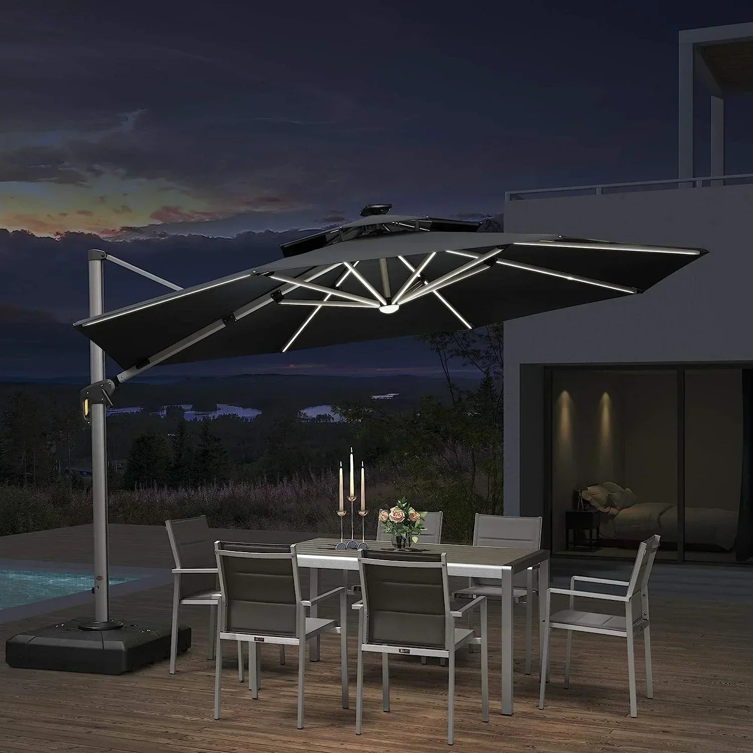 12ft Solar LED Patio Umbrella Outdoor Round Umbrella Large Cantilever Umbrella with LED Lights Windproof Bias Umbrella Heavy Duty Parasol for Garden Deck Pool Patio