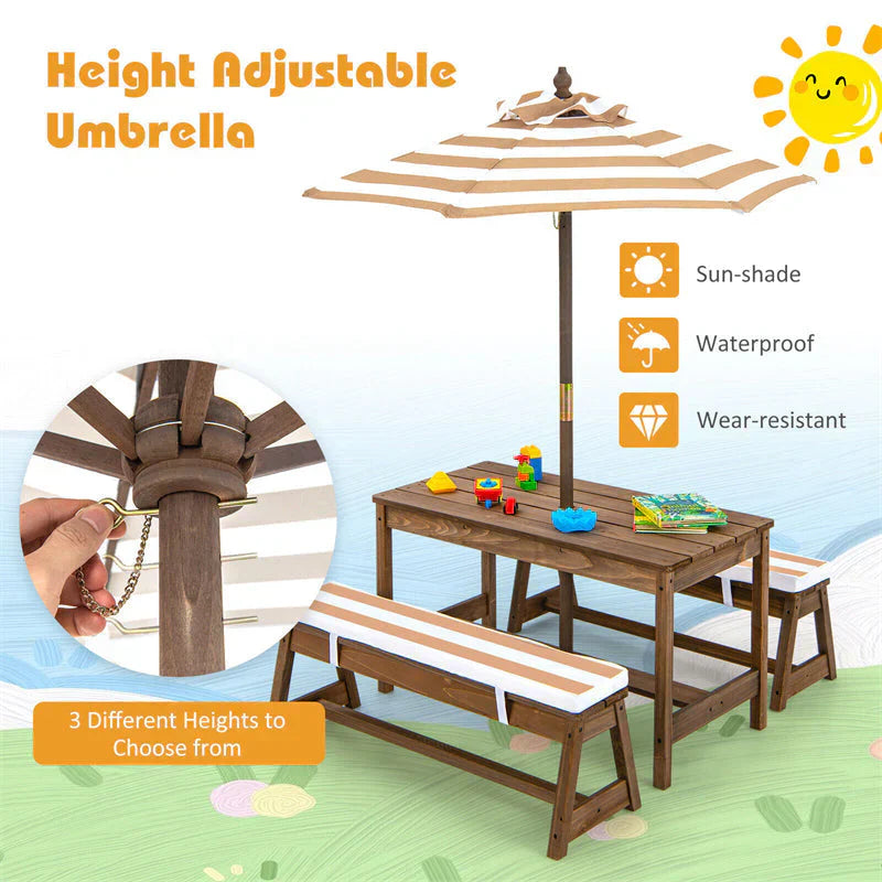 Wooden Kids Picnic Table Bench Set Children Outdoor Activity Table with Cushions & Height Adjustable Umbrella