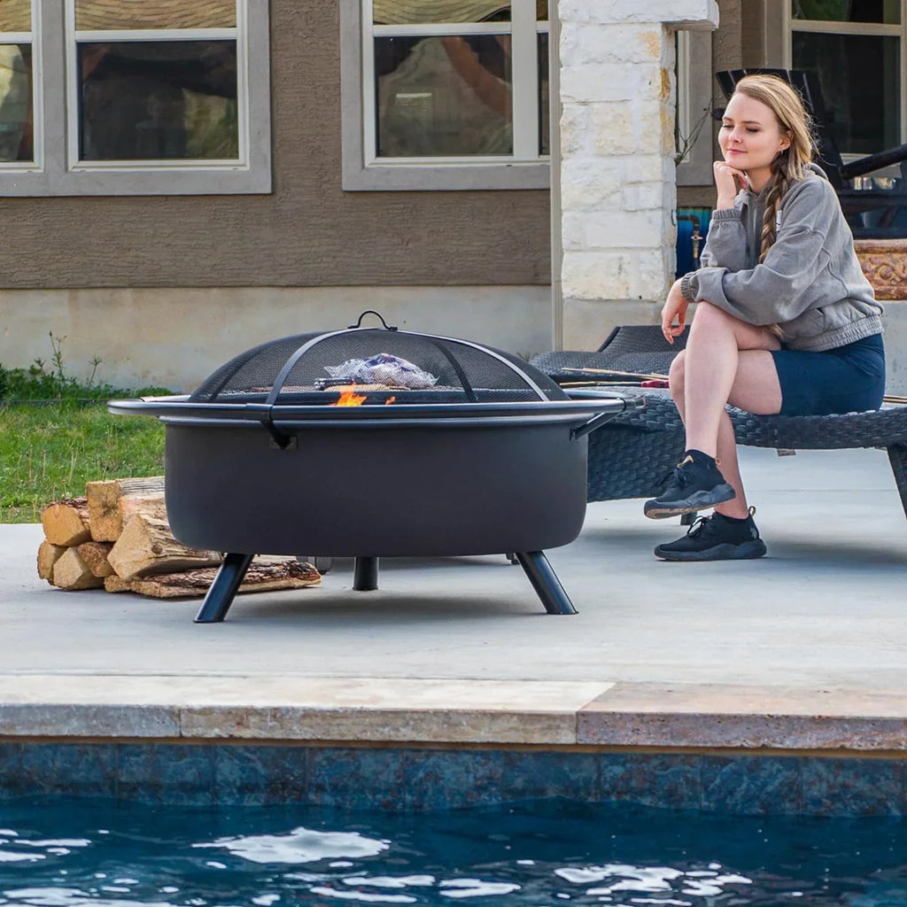 SUNCREAT 42” Patio Fire Pit Wood Burning with Mesh Spark Screen, Bonfire Outdoor firepit with Fireplace Poker, Black