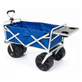 All Terrain Beach Wagon with Side Table|Heavy Duty Collapsible Folding Cart with Large Wheels for Beach Day, Picnic, Camping, Outdoor Activities | Blue/White