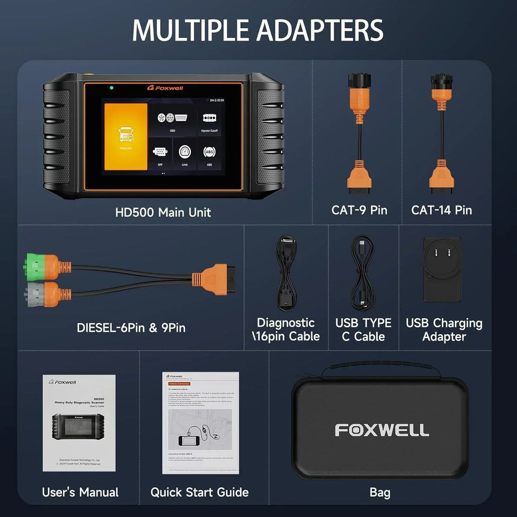 HD500 Heavy Duty Truck Scanner with DPF Regen/Injector Cutoff/Limit Setting, Full System Diesel Diagnostic Scan Tool for Cummins, Detroit, Caterpillar, Paccar, Hino & More Pickup Semi Trucks