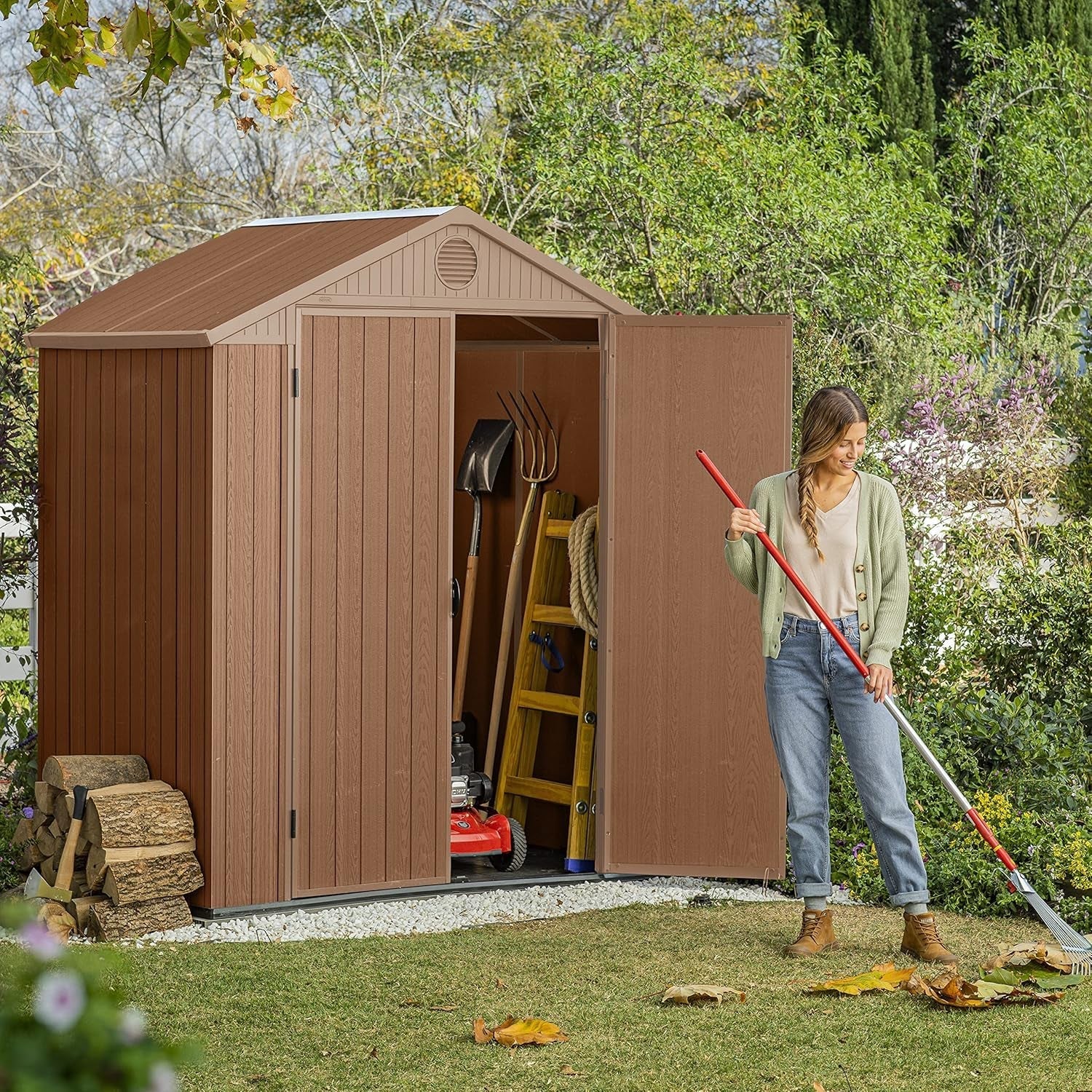 Darwin Outdoor Apex Double Door Garden Storage Shed 6 X 4Ft Brown Wood Look and Feel