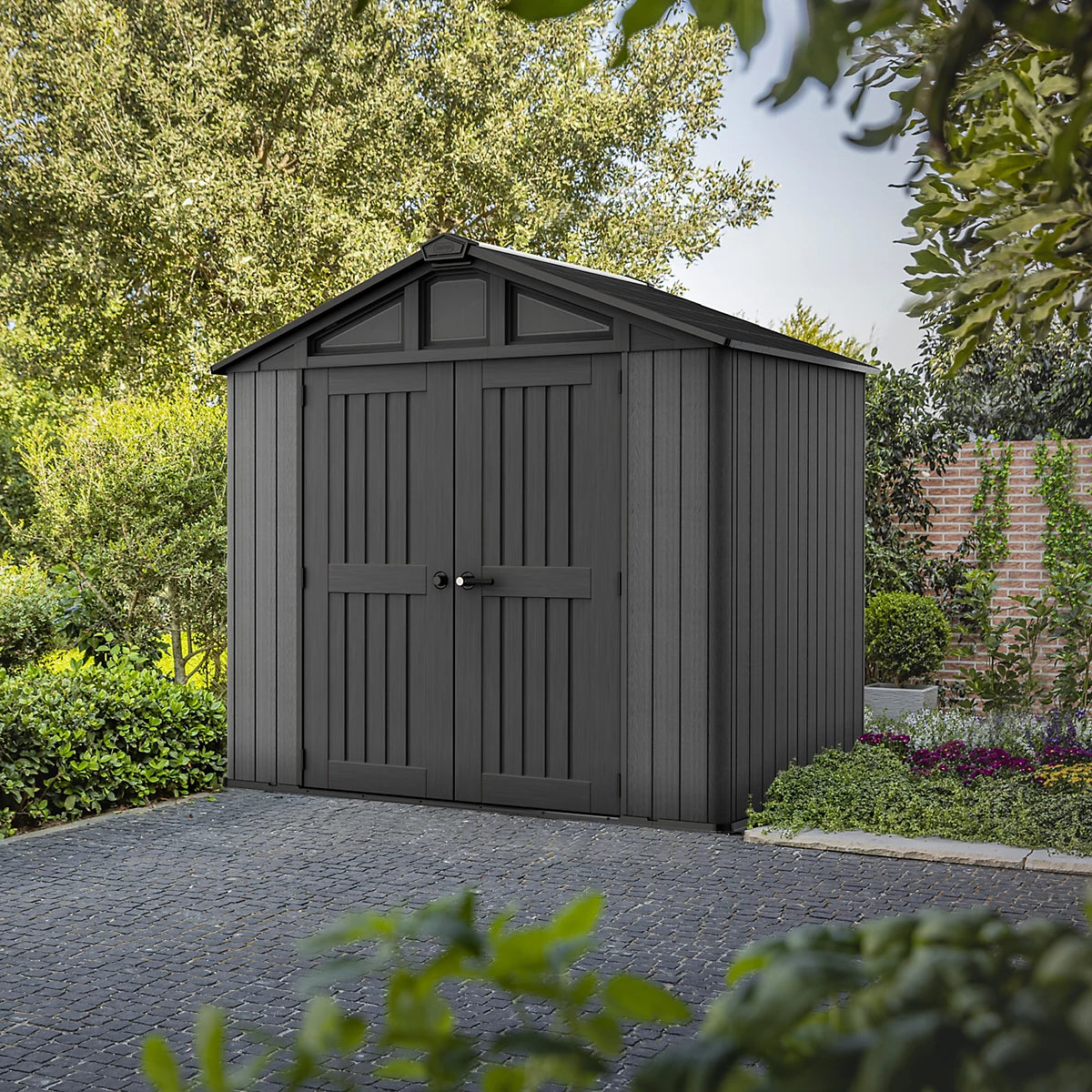Keter Stronghold 8×6 ft Apex Plastic Shed with floor & 10 windows with Base